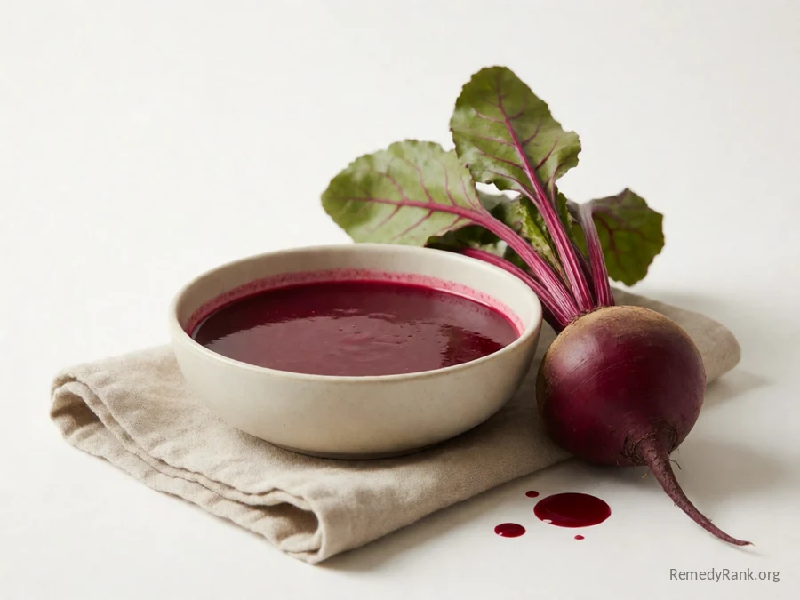 A glass of deep red beet juice beside a whole beet.