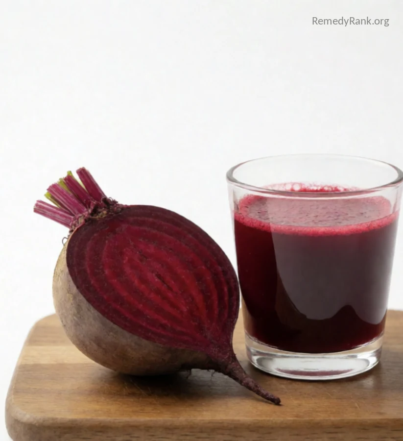 A whole deep-red beetroot sliced in half next to a small glass of ruby-red beet juice.