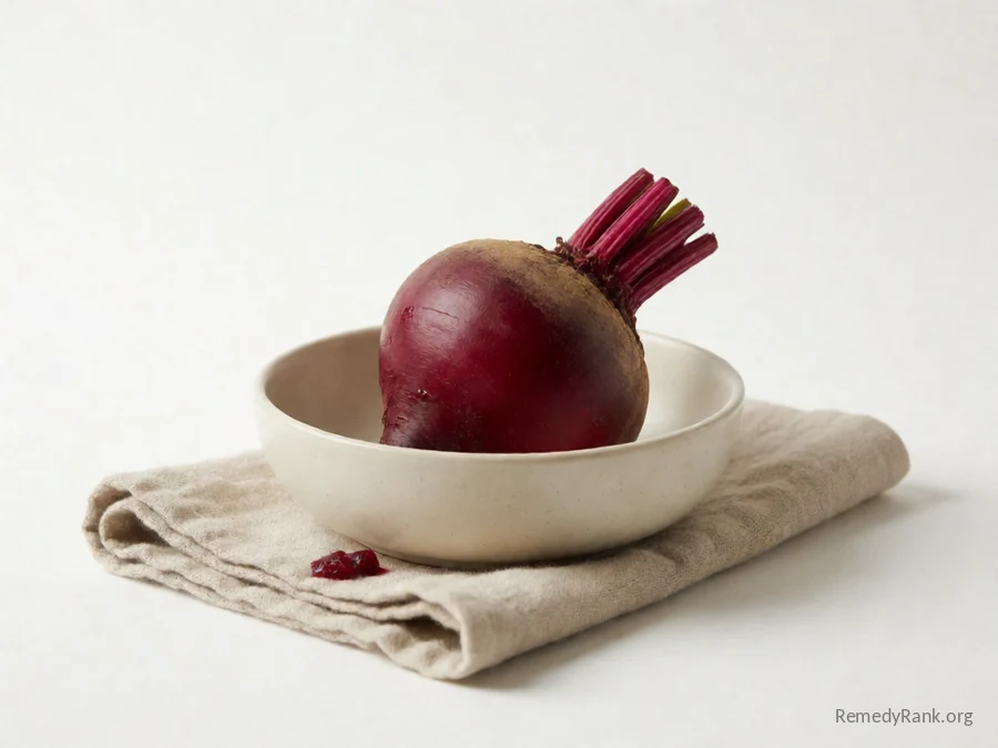 A whole deep red beet with its stem attached.