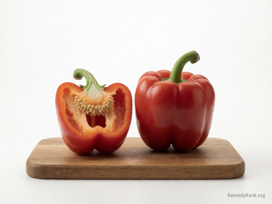 A whole red bell pepper beside a halved pepper showing its seeds.