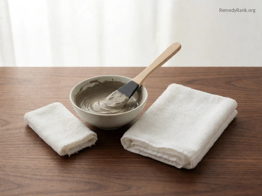 A small bowl of gray clay paste with a spatula and a folded cloth.