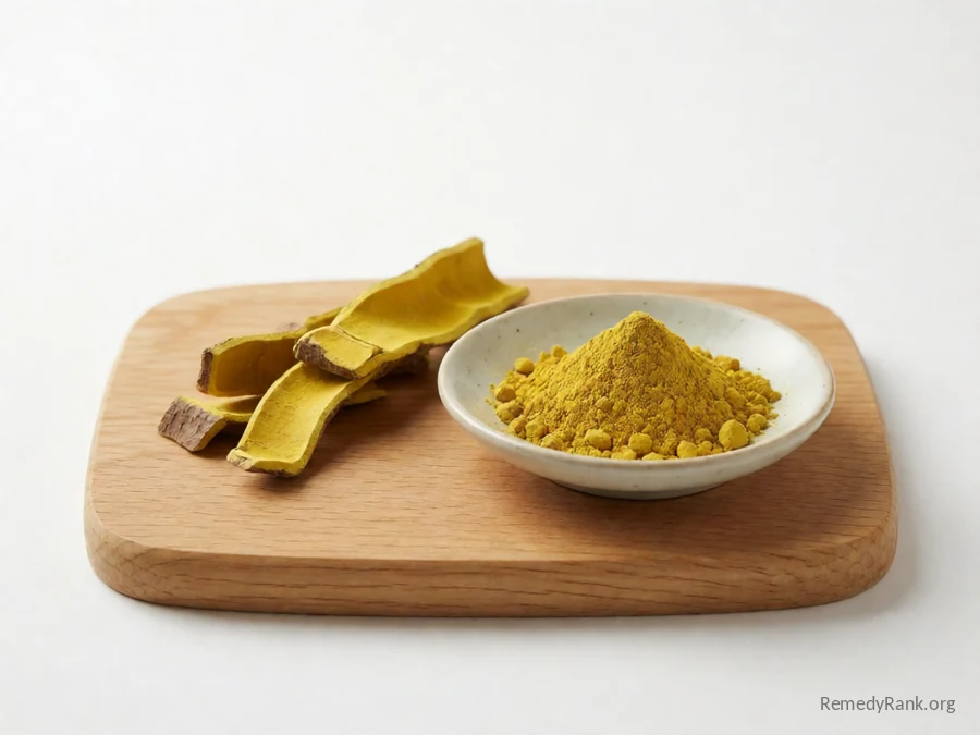 Yellow berberine-rich root bark beside a dish of berberine powder.