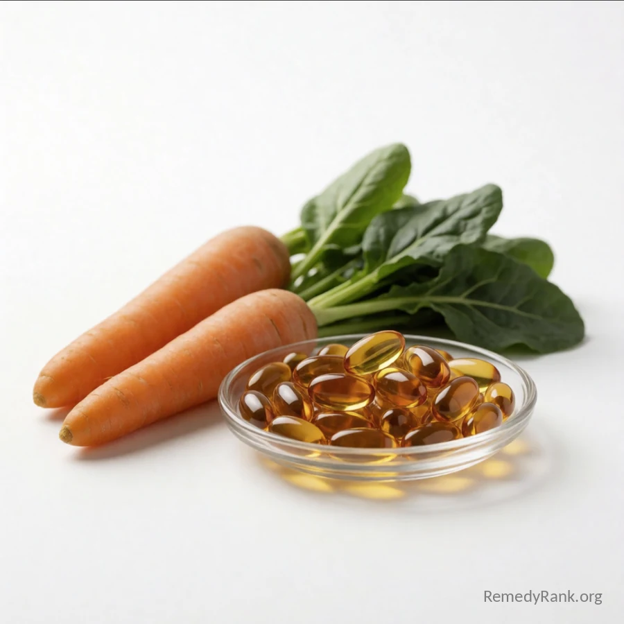 A glass dish of deep orange beta-carotene softgel capsules sits beside two whole carrots and a small bunch of dark leafy greens.