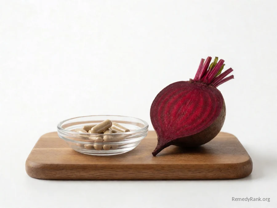Capsules in a glass dish beside a halved fresh red beet.