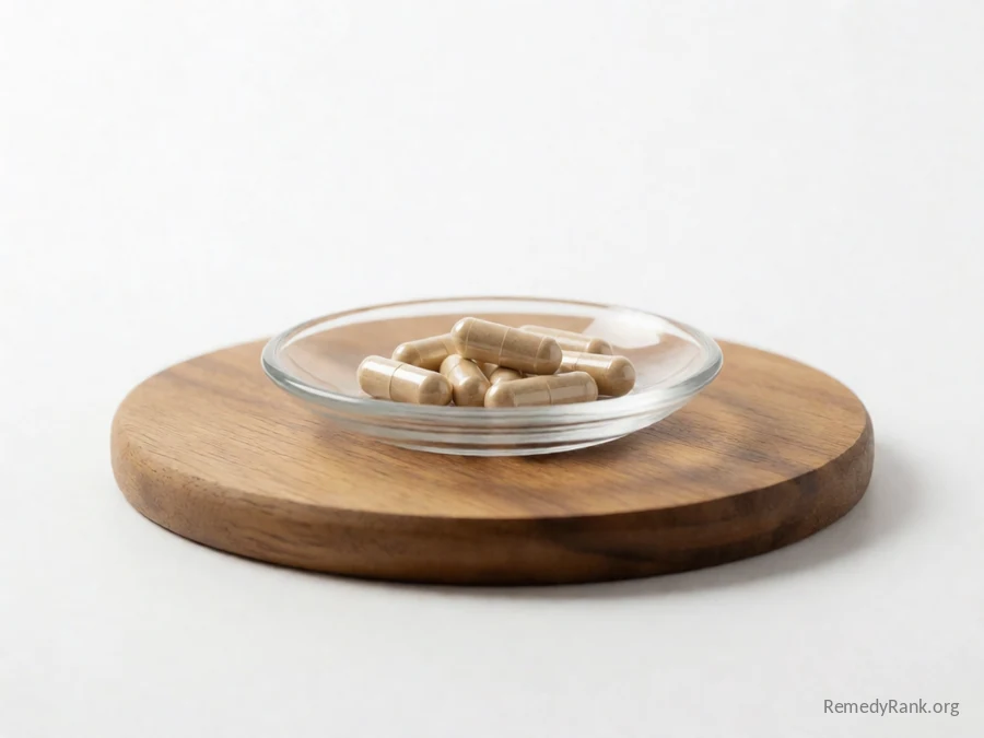 A few betaine hydrochloride capsules in a small glass dish.