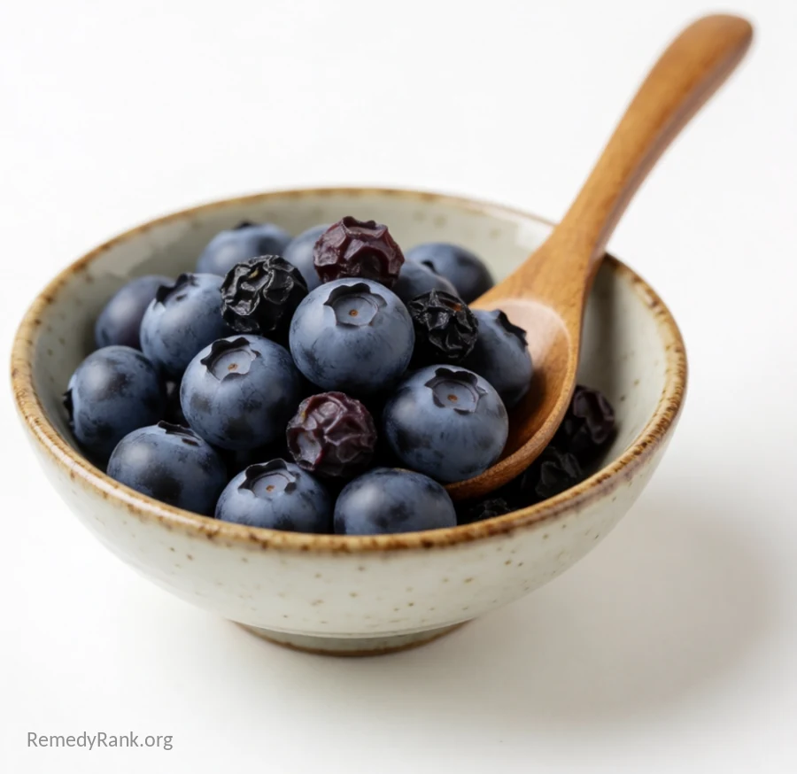 A ceramic bowl is piled with fresh deep-blue bilberries next to a few dried bilberries and a wooden spoon.