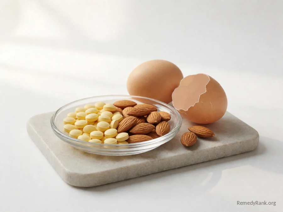 Tiny yellow tablets beside a cracked egg and a handful of almonds.