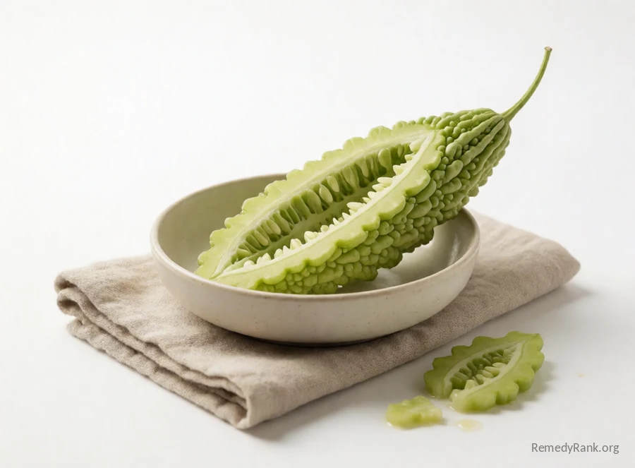 A bitter melon sliced open to show its pale seeded interior.
