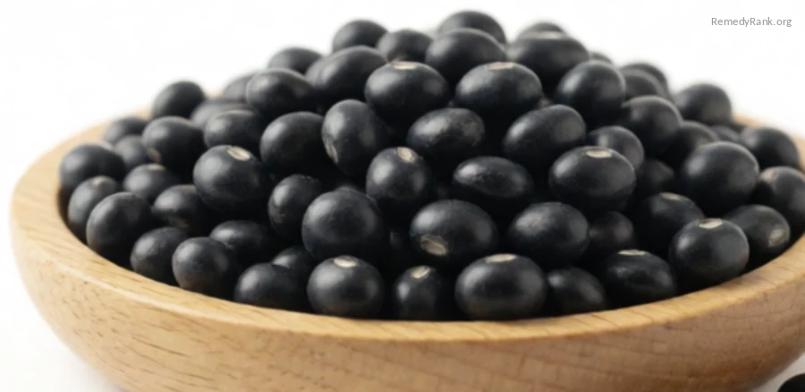 A wooden bowl of dried black beans with a few beans scattered nearby.