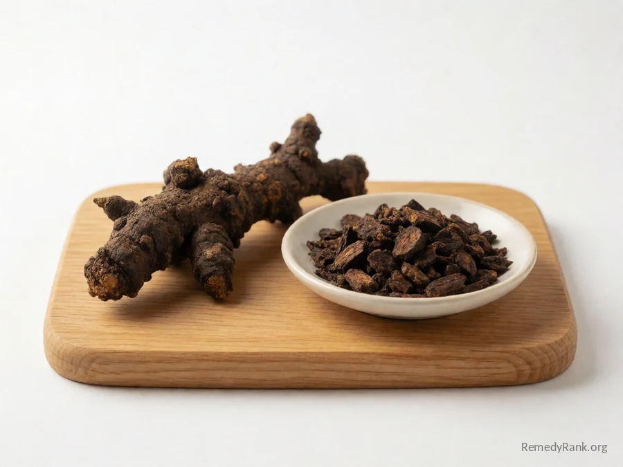 A black cohosh rhizome beside a dish of dried cut black cohosh root.