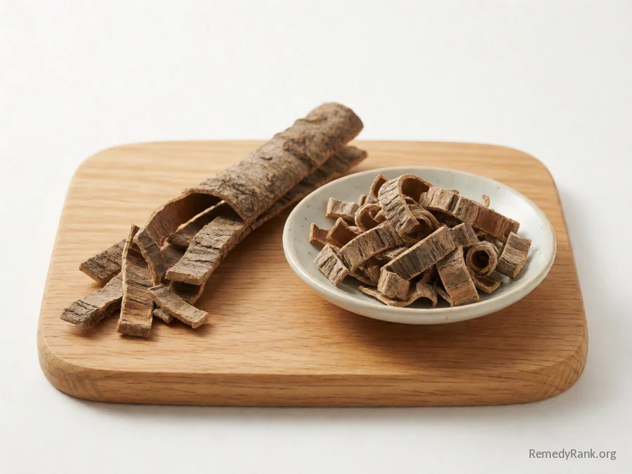 A strip of black haw bark beside a dish of dried shredded black haw bark.