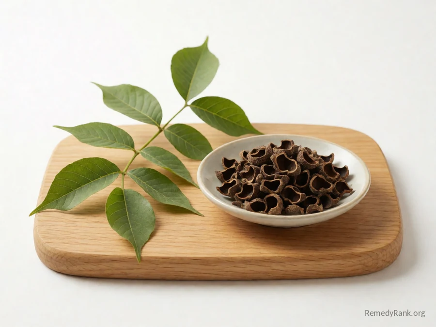 A fresh green black walnut hull beside a dish of dried walnut hull pieces.