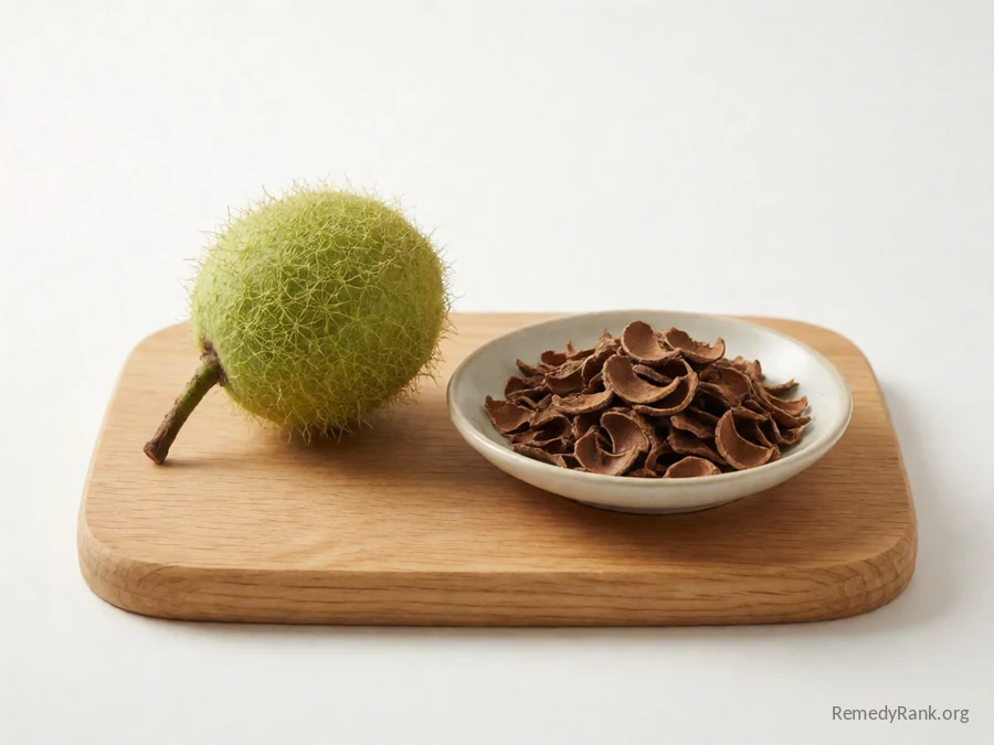 A green-husked black walnut beside a dish of dried crushed walnut hull.