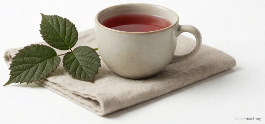 Dark green blackberry leaves beside a cup of reddish tea.