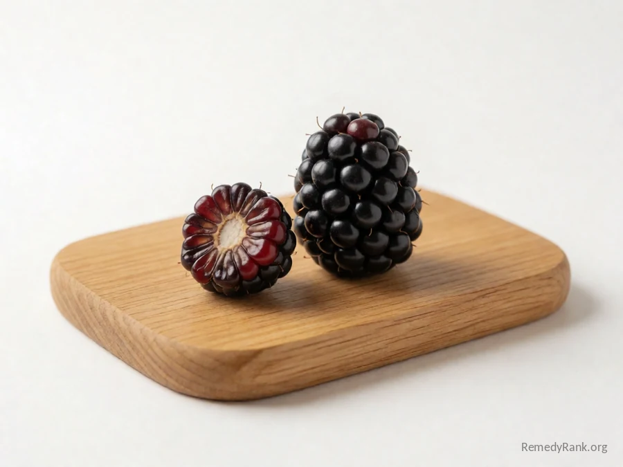 Whole blackberries beside one split open showing its dark interior.