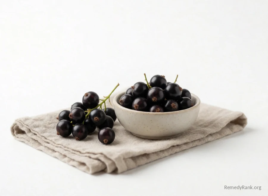 A cluster of blackcurrants on their stem beside a bowl of loose berries.