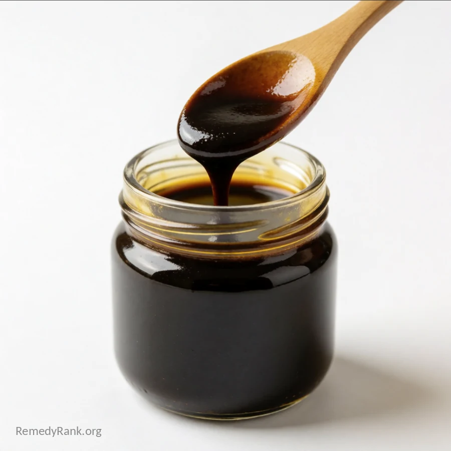 A jar of dark blackstrap molasses sits open with a wooden spoon lifting a thick ribbon of the syrup.