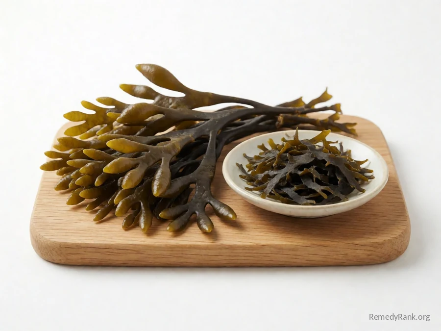 Fresh olive-brown bladderwrack seaweed beside a dish of dried cut bladderwrack.