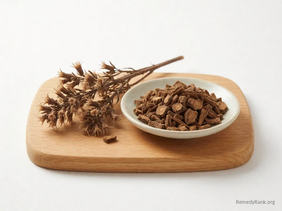 A piece of blazing star (Helonias) root beside a dish of dried cut root.