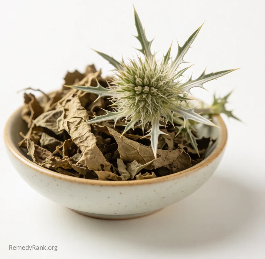 Dried blessed thistle leaves and a spiky pale green flower head resting in a small ceramic bowl.