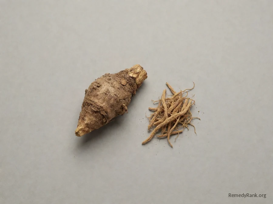 A piece of bloodroot rhizome cut to show its orange-red sap and a small heap of the dried root, photographed plainly on a neutral grey background.
