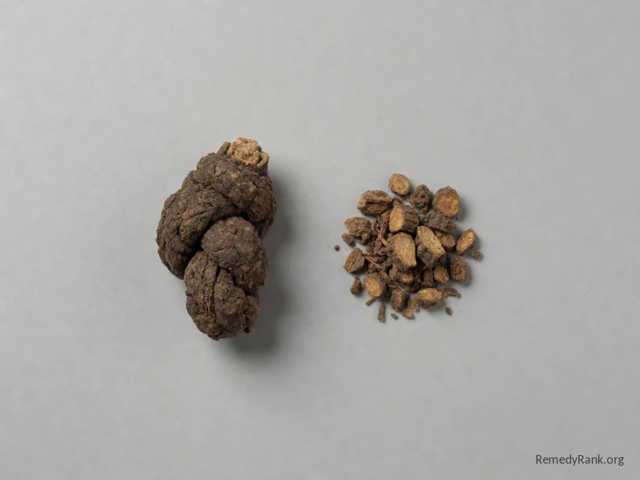 A piece of knotted dark blue cohosh root and a small heap of the dried cut root, photographed plainly on a neutral grey background.