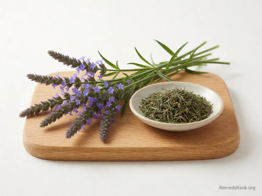 Fresh blue vervain with its purple flower spikes beside a dish of dried blue vervain.