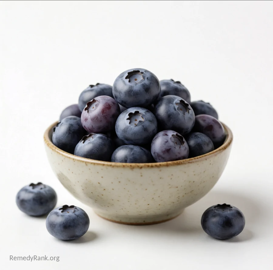 A ceramic bowl is heaped with fresh deep blue-purple blueberries, with a few loose berries scattered beside it.