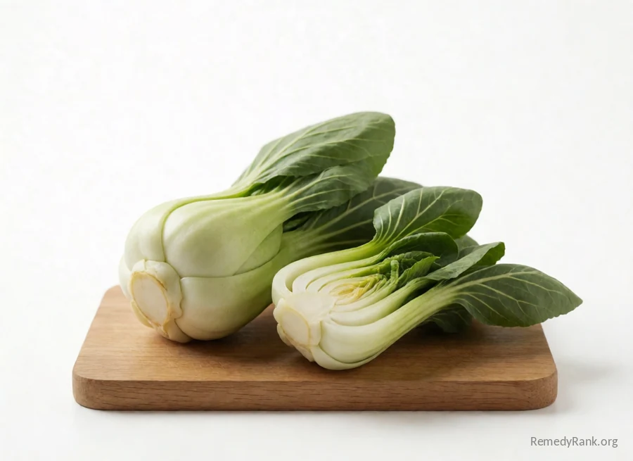 A whole bok choy with pale stalks and green leaves beside a halved one.