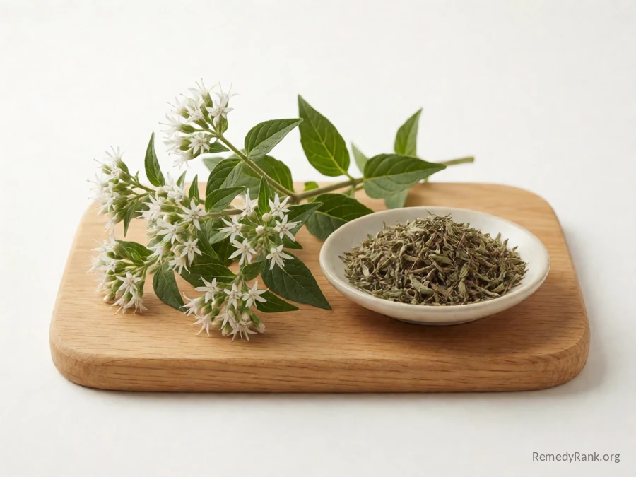 Fresh boneset with its white flower clusters beside a dish of dried boneset.