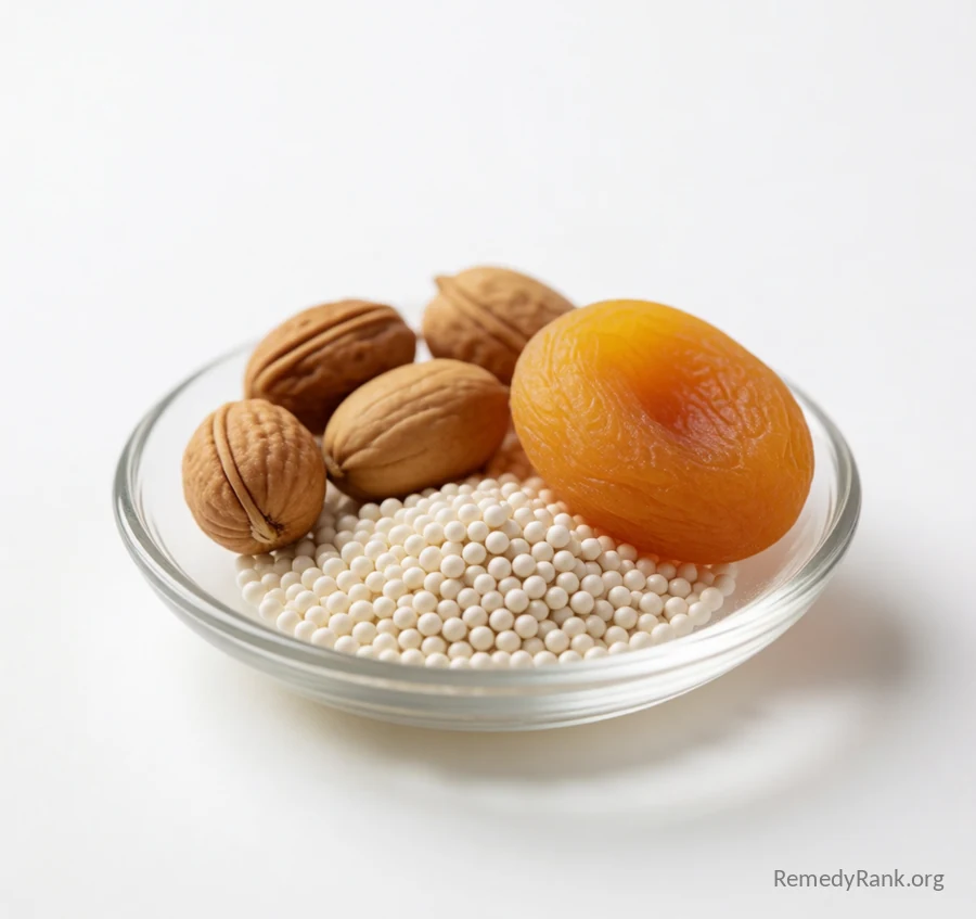 A small glass dish of tiny white capsules resting beside a few whole nuts and a dried apricot.