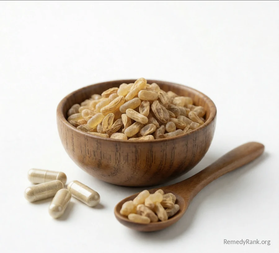 A wooden bowl of golden-tan boswellia resin tears sits beside a few pale capsules and a wooden spoon.