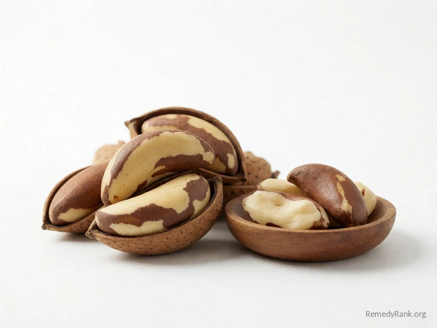 Large brazil nuts in their shells beside a few shelled kernels in a wooden bowl.