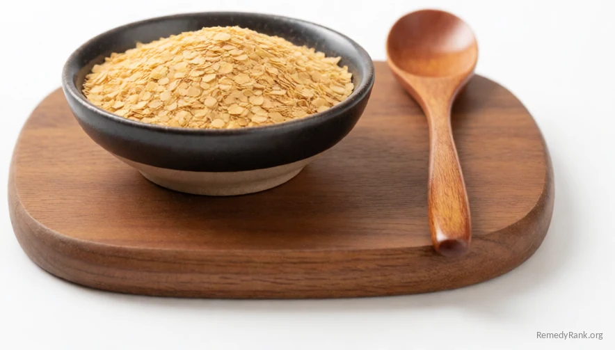 Golden brewer's yeast flakes in a bowl beside a wooden spoon.