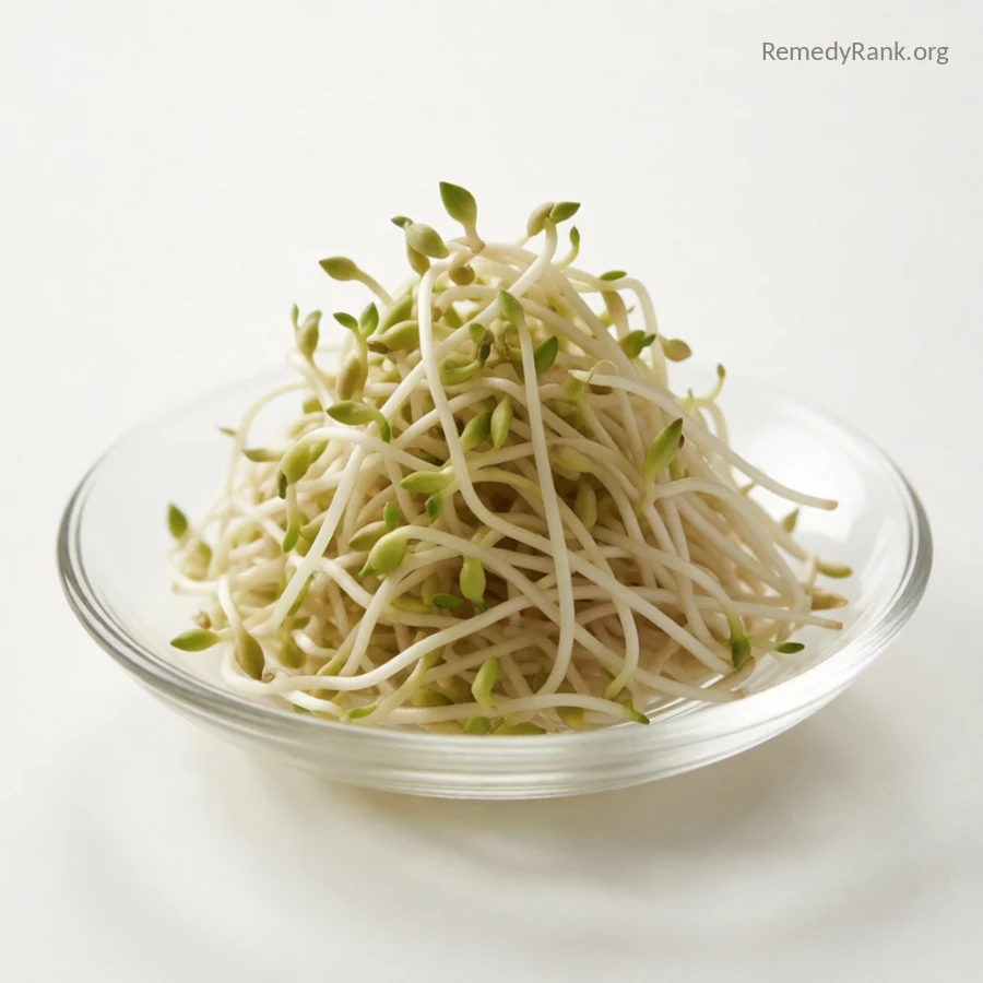 A small pile of tender pale green broccoli sprouts with thin white stems in a glass dish.