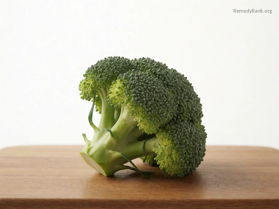 A single fresh broccoli floret head resting on a wooden board.