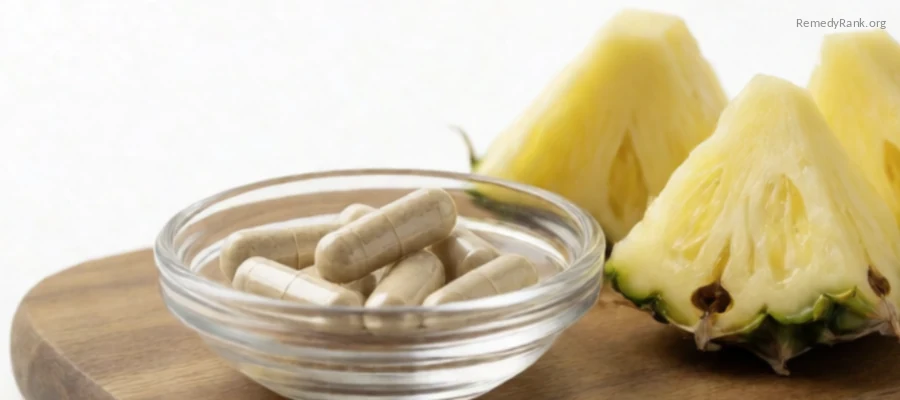 Bromelain capsules in a glass dish beside chunks of fresh pineapple.