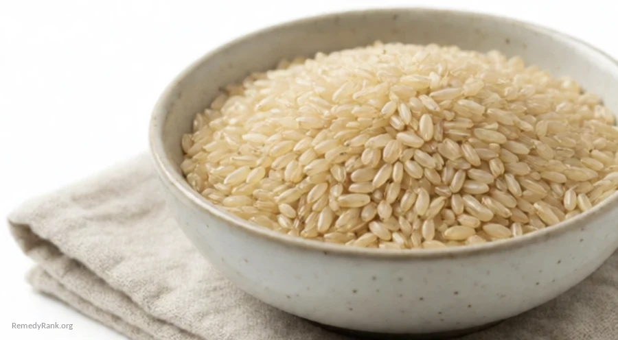 A ceramic bowl of uncooked brown rice grains on a linen cloth.