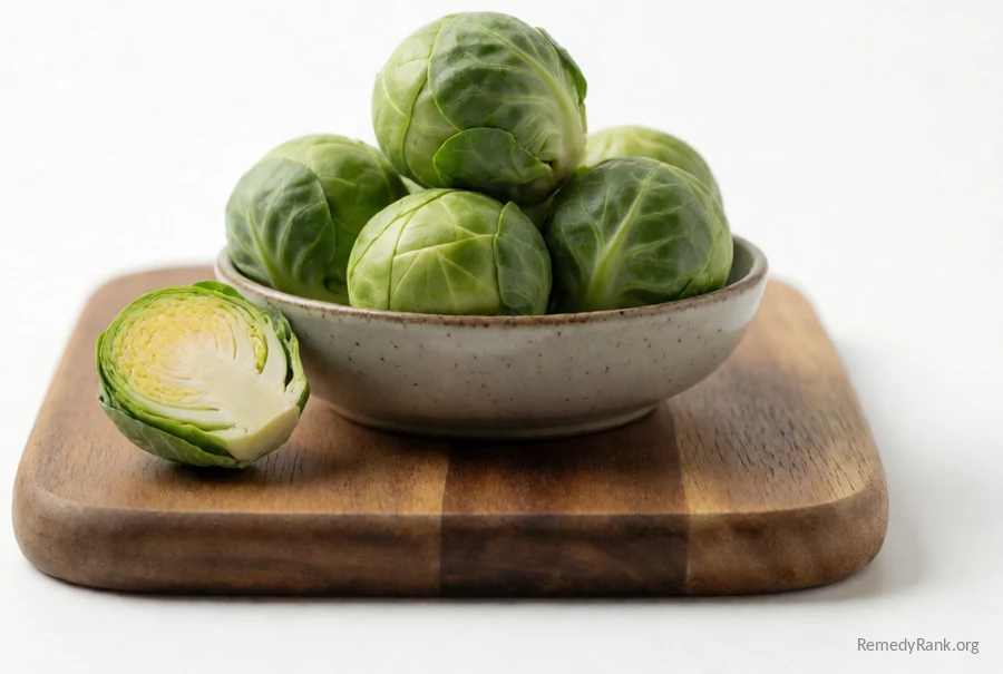 Whole brussels sprouts in a ceramic bowl beside one halved sprout.