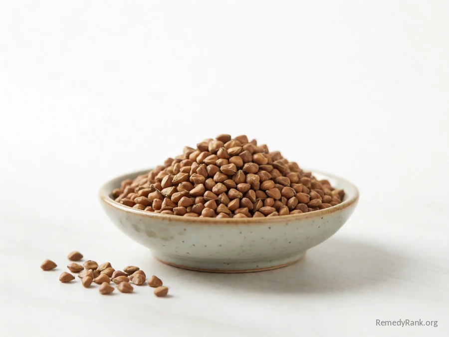 Brown triangular buckwheat groats in a ceramic bowl on a pale stone surface.