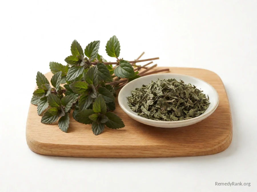 Fresh bugleweed leaves beside a dish of dried bugleweed.