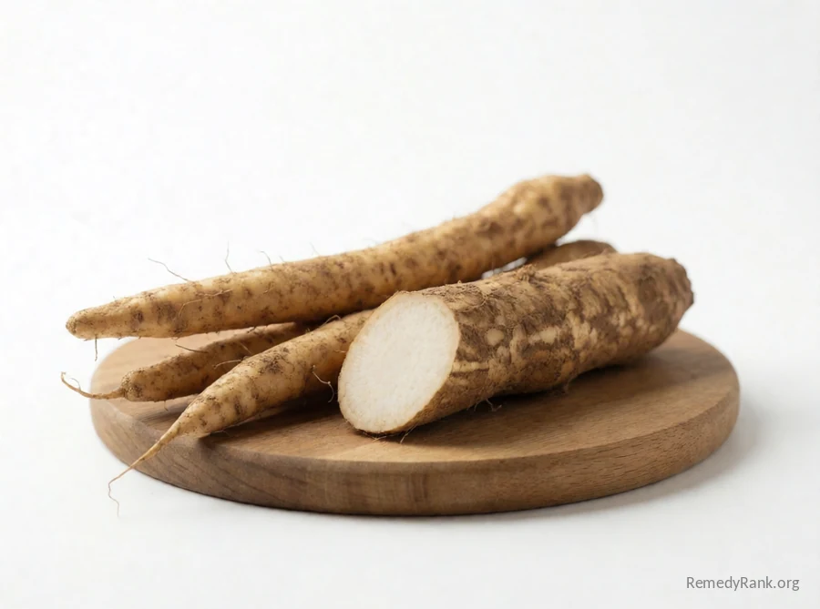 Long earthy burdock roots beside a sliced cross-section.