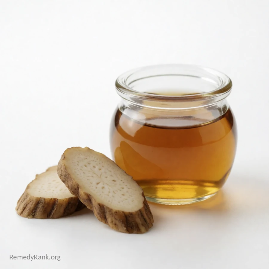 Sliced pieces of brown burdock root rest beside a small glass jar of amber burdock tea.