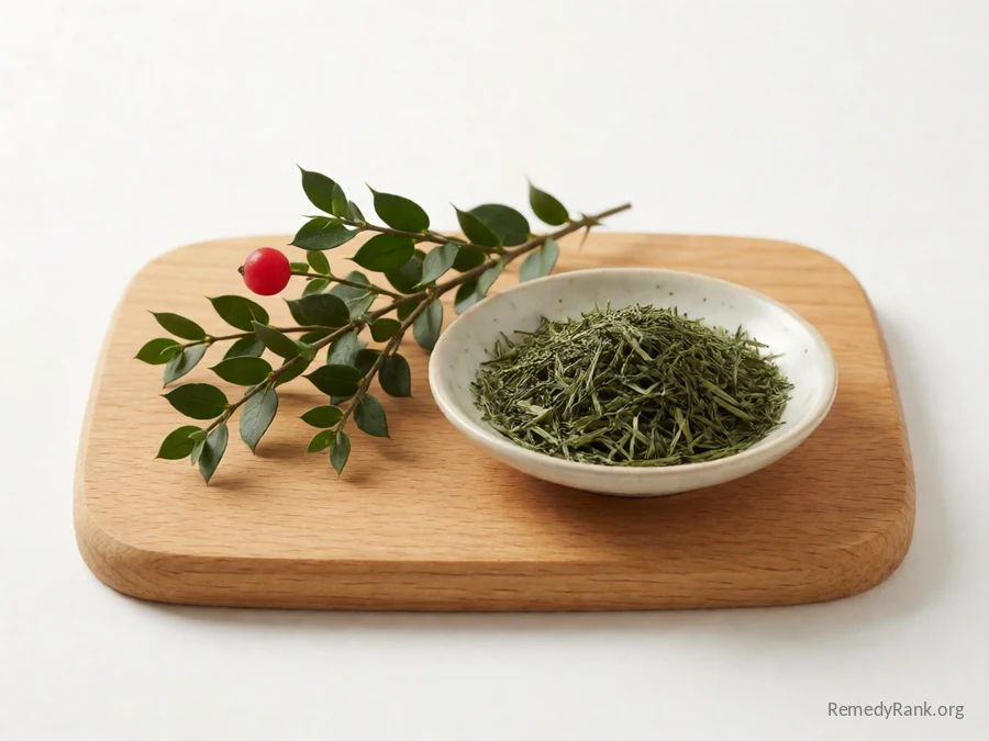 Fresh butcher's broom with a red berry beside a dish of dried butcher's broom.