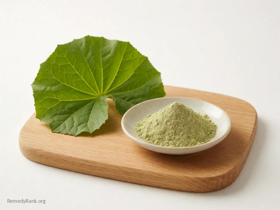 A large butterbur leaf beside a dish of butterbur extract powder.