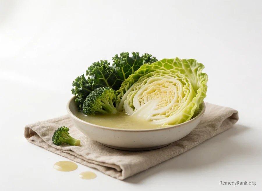 Pale green cabbage juice beside kale leaves and a broccoli floret.