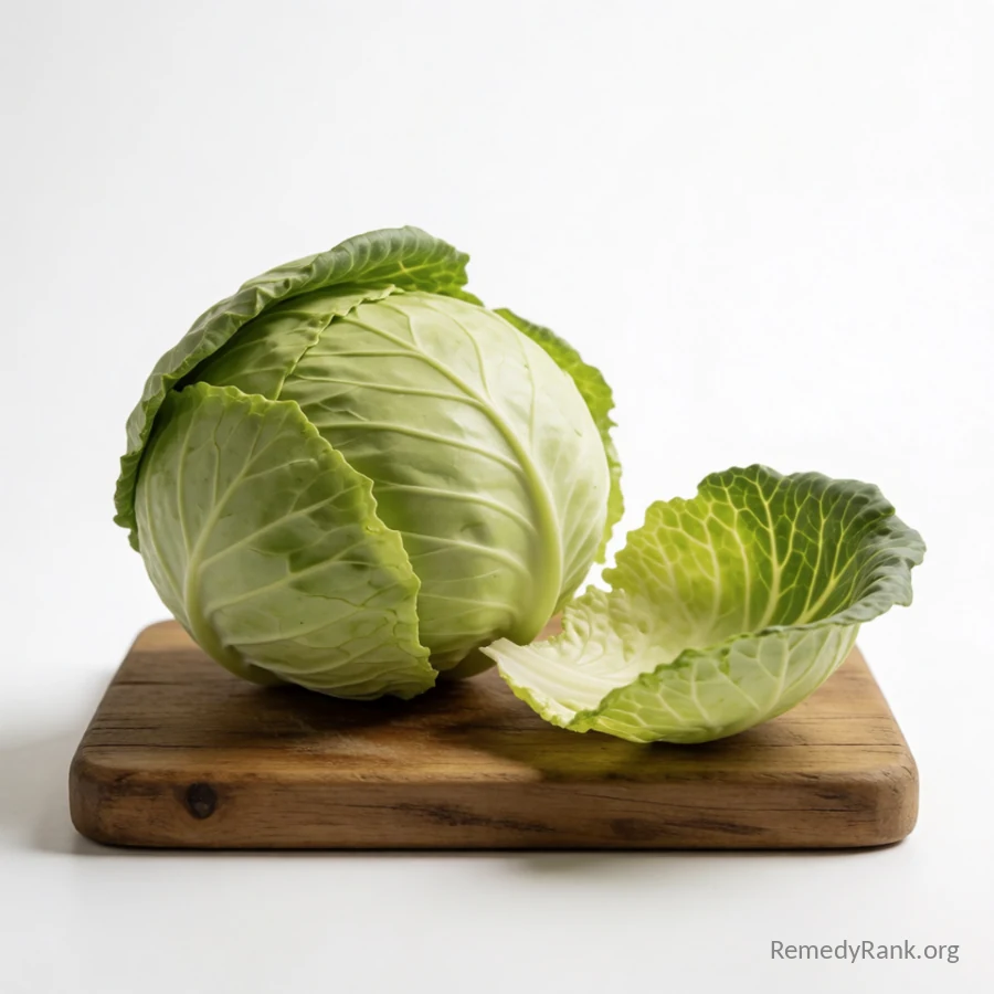 A whole green cabbage sits beside a few loose outer leaves on a wooden board.