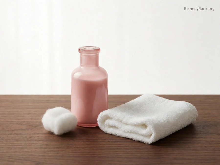 A small pink bottle of calamine lotion next to a cotton ball.