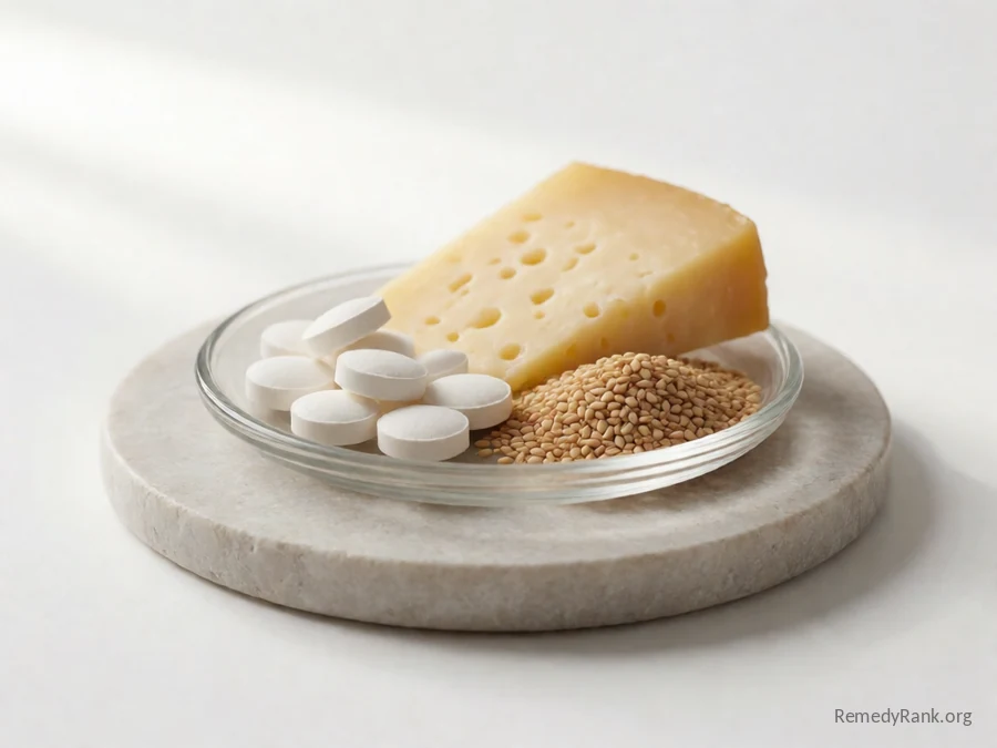 Chalky white tablets beside sesame seeds and a wedge of cheese.