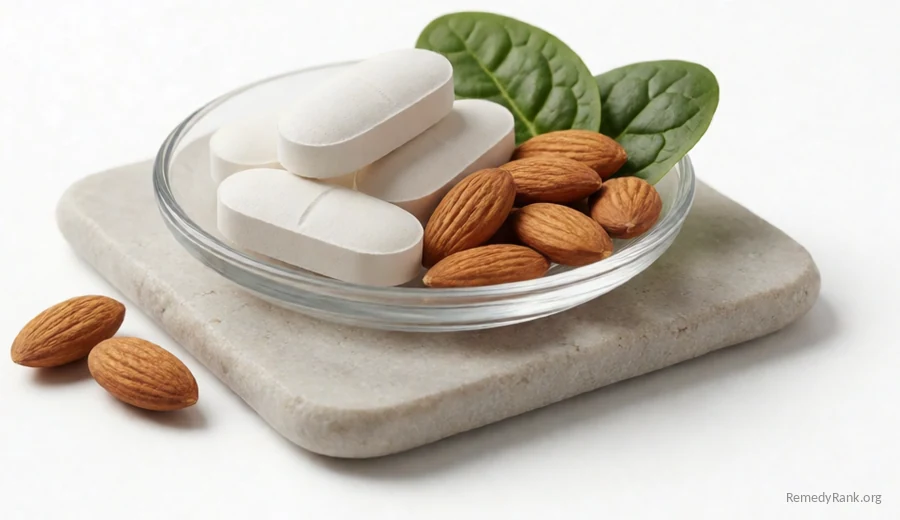White oblong tablets beside almonds and a few spinach leaves.
